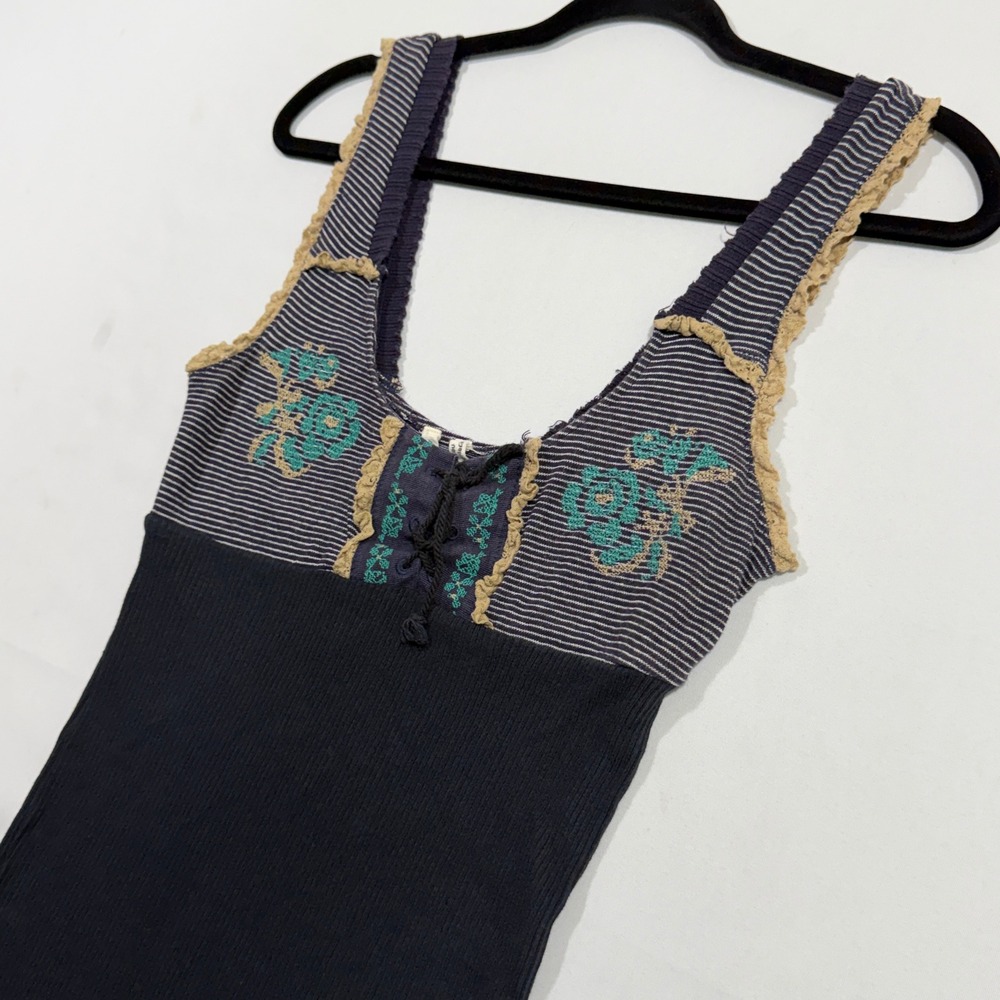 Vintage Free People Womens Tank Top M Black Stripe Waffle Y2K Whimsigoth